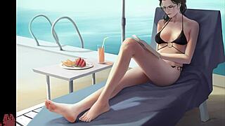 Cartoon-style walkthrough of a video game with a busty MILF