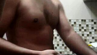 Gay blowjob and fetish fun with a bald man washing dishes