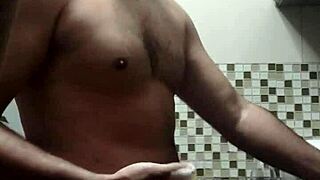 Gay blowjob and fetish fun with a bald man washing dishes