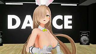 3D cartoon of blonde bunny girl undressing and dancing