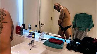 Dirty gets horny in the bathroom and uses a gaydildo