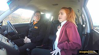 Redhead Ella Hughes finishes up a hot blowjob session with a nice facial