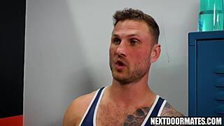 Muscular men engage in gay sex including blow jobs and anal sex without the use of a condom