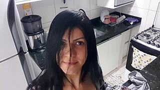 Latina babe gets sensual with kitchen masturbation fun