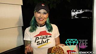 Stocking clad pizza delivery girl gets interracial cock in her mouth and pussy