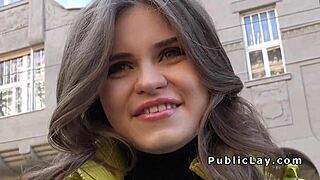 Amateur couple’s hardcore scene with a European beauty flashing her tits for money