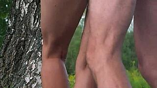 A beautiful woman with a perfect body has anal sex in a public place