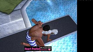 Erotic cartoon featuring a woman’s solo pleasure at an outdoor pool