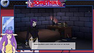 Anime cartoon character reveals big tits in game scene