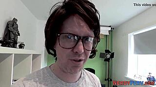 First time Brit gets a facial while giving a blowjob to a nerd