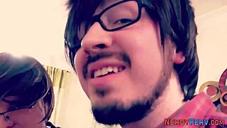 First time Brit gets a facial while giving a blowjob to a nerd