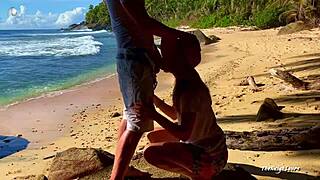 Naked beach intercourse with a happy ending: cum in mouth and swallow