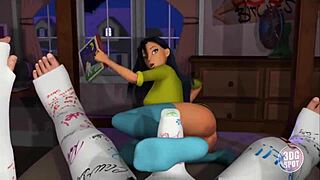 Brunette gets plastered while deepthroating and riding in 3D