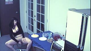 Big breasted woman has a food fetish and pleases herself