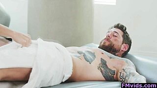 Abella Danger, a beautiful masseuse with brown hair gives a deep blow job and a hard fuck