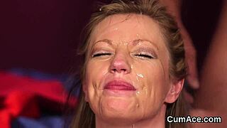 Cum shower on pretty face, hot blowbang action in POV