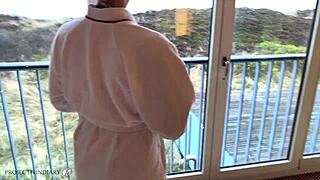 Beautiful European beauty enjoys a sensual fuck in a hotel suite poolside
