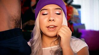 Blonde teen enjoys singing while giving blowjobs on webcam