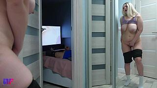 Stepdaughter with large breasts secretly watches stepfather while he pleasures himself
