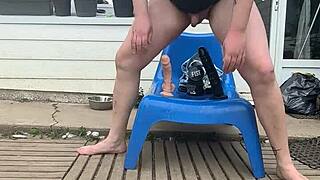 French gay chubby guy enjoys outdoor sex toys and thong striptease