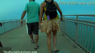 Public beach double handjob with bisexual couple and cougar