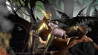 Malenia’s curved body glides over Tarnished in the forest of Elden Ring parody