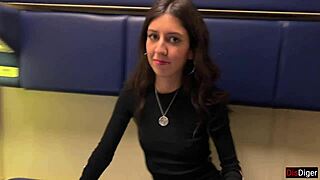 Snow-covered teen gets her shaved pussy pounded on a train