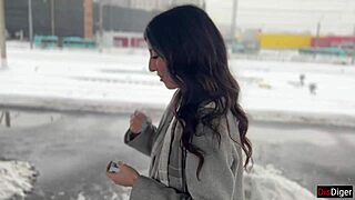 Snow-covered teen gets her shaved pussy pounded on a train