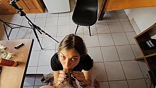 cum in mouth with my stepsister visiting me in the kitchen