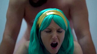A blue-eyed woman is having a lot of sex with a man and gets a big load on her face