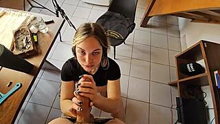 cum in mouth with my stepsister visiting me in the kitchen