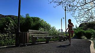 Stunning blonde's big boobs in 3D city cartoon scene