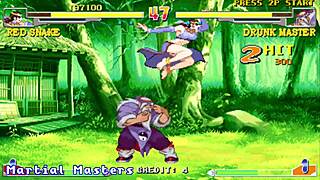 Retro arcade game with Asian characters and erotic themes with monsters