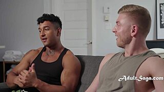 Muscular friends engage in bareback mutual masturbation for strength