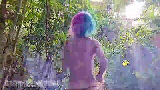 A hot and hairy Latina babe strips to her thong and goes for a walk in the woods
