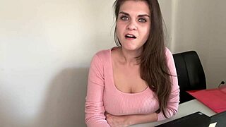 Stepmother cums in condom at office desk. Stepson watches every dirty close-up moment.