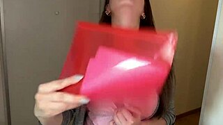 Stepmother cums in condom at office desk. Stepson watches every dirty close-up moment.