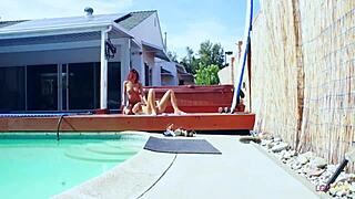 Hot teen lesbians have fun in the pool and fuck