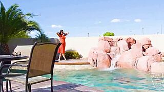 Helena Price has poolside anal sex with Rome and gets cum on her face and body
