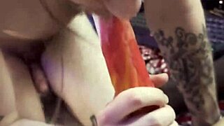 Intense cock sucking with huge dildo and strapon in femdom foreplay