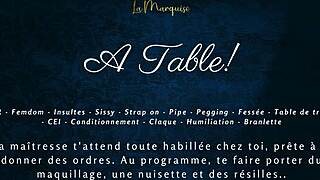 Femdom lactation table scene with a sissy in French audio