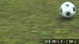 Young Asian players in all their naked glory playing soccer outdoors