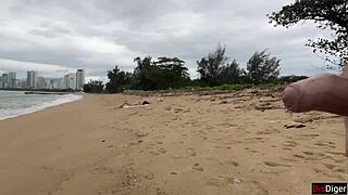 Beach babe poses for public cum flashing