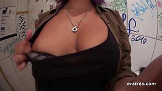 In a public restroom, this exhibitionist babe teases with her wet trimmed pussy, flashing big natural tits while masturbating outdoors