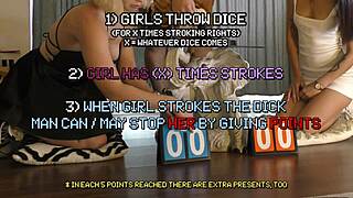 Two Beautiful Blonde Teens Give Double Handjob to Big Cock Guy in Dice Cum Challenge.