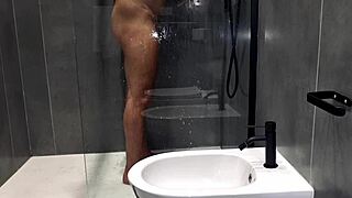 Spying in the shower with hot water, rubbing, moans, and jerking