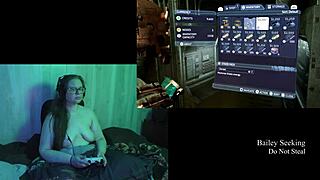 Naked brunette plays deadspace intensely