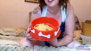 Spitting food for my brunette slave in a kinky BDSM session