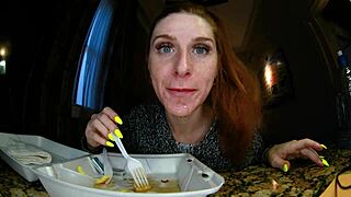 redhead moaning while licking french toast close up