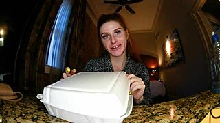 redhead moaning while licking french toast close up